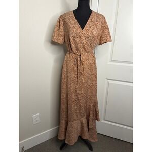 PrettyGarden Leopard Print Wrap Maxi Dress Brown Tan Ruffle Hem V-Neck Medium